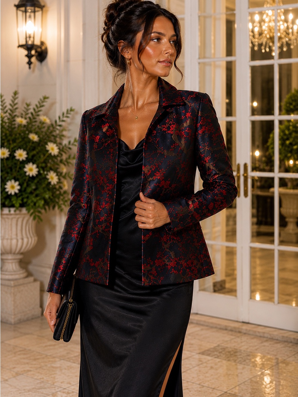 Grace Black Red Blossom Floral Jacquard Coat Jacket Chic S Office Party Fall LUX